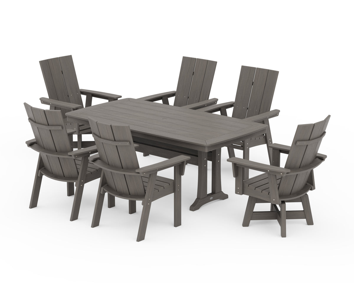 POLYWOOD Modern Adirondack Swivel Chair 7-Piece Dining Set with Trestle Legs in Driftwood