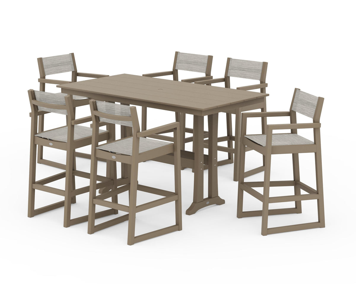 POLYWOOD EDGE Sling Arm Chair 7-Piece Farmhouse Bar Set with Trestle Legs in Vintage Sahara / Birch