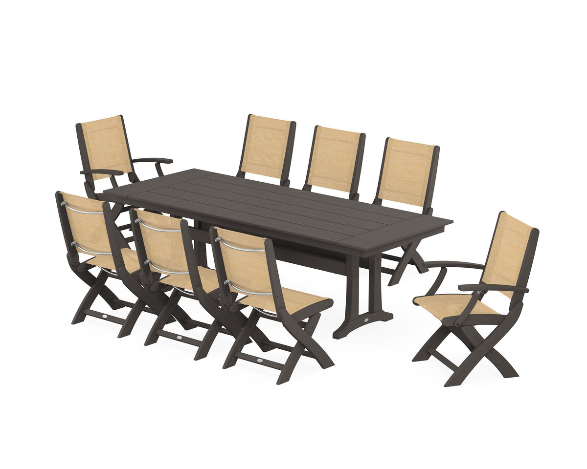 POLYWOOD Coastal 9-Piece Folding Dining Chair Farmhouse Dining Set with Trestle Legs in Vintage Coffee / Dupioni Apricot