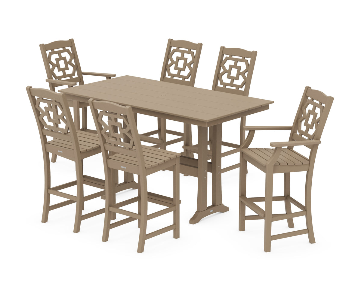 POLYWOOD Chinoiserie 7-Piece Farmhouse Bar Set with Trestle Legs in Vintage Sahara