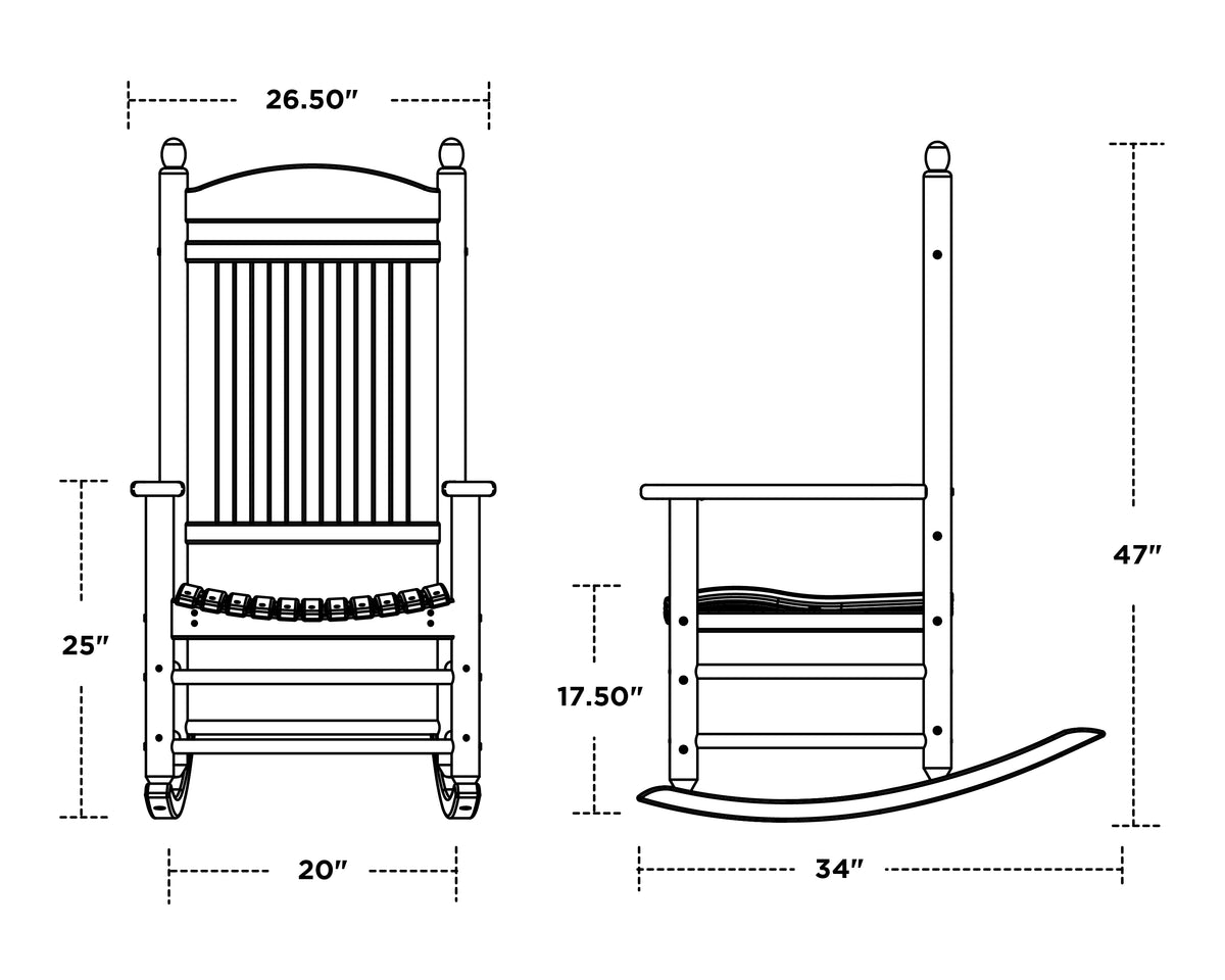 POLYWOOD Jefferson Rocking Chair dimension drawing with width, depth and height measurements