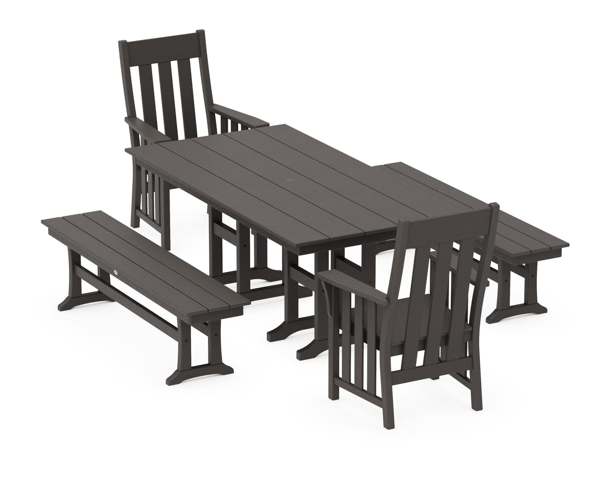 POLYWOOD Acadia 5-Piece Farmhouse Dining Set with Benches in Vintage Coffee