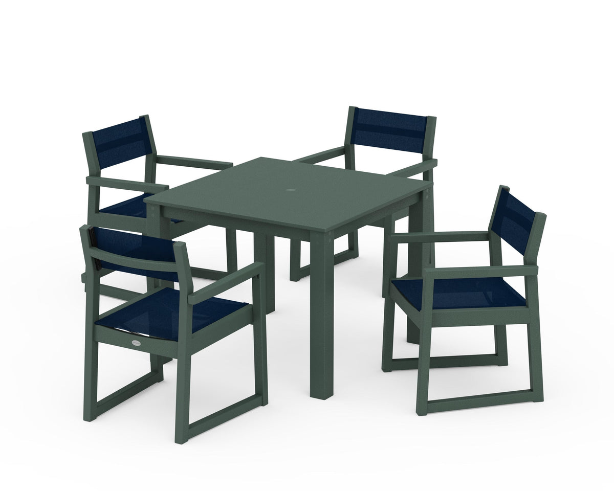 POLYWOOD EDGE Sling Arm Chair 5-Piece Parsons Dining Set in Green / Navy Blue