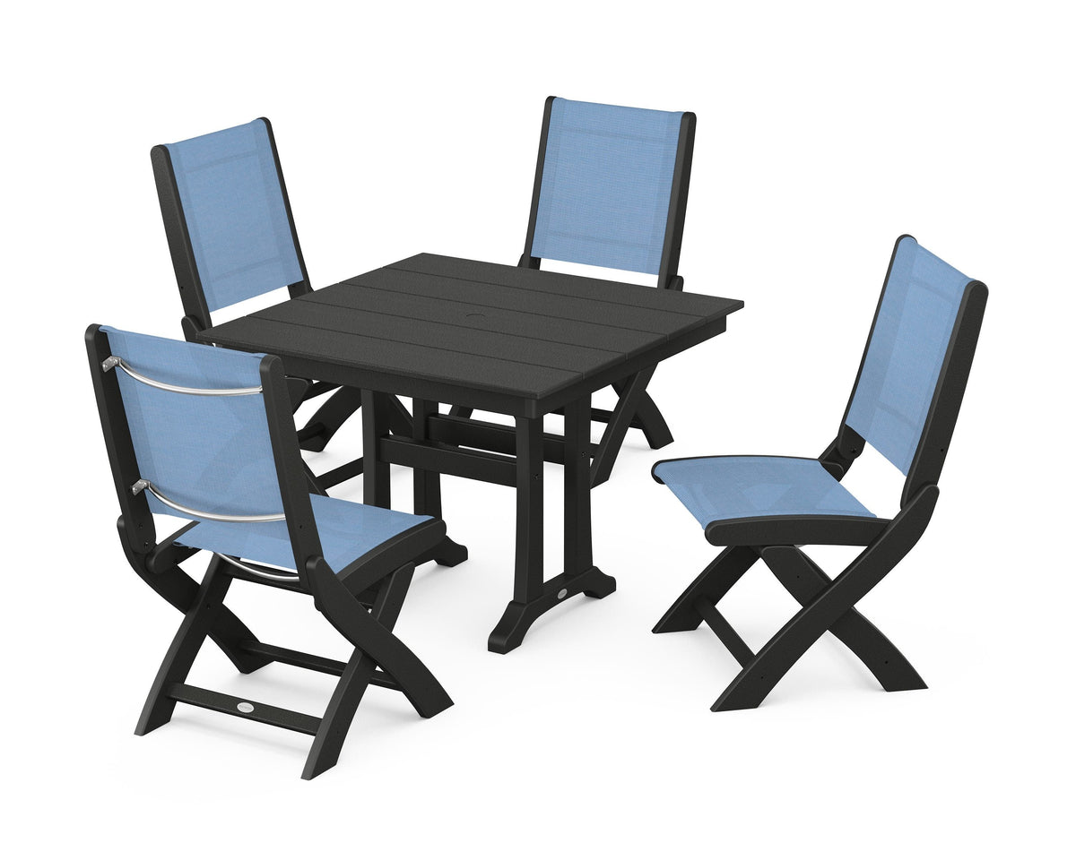 POLYWOOD Coastal Folding Side Chair 5-Piece Farmhouse Dining Set With Trestle Legs in Black / Poolside