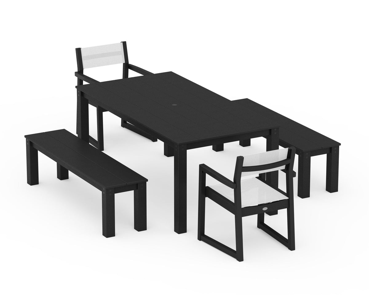 POLYWOOD EDGE Sling Arm Chair 5-Piece Parsons Dining Set with Benches in Black / White