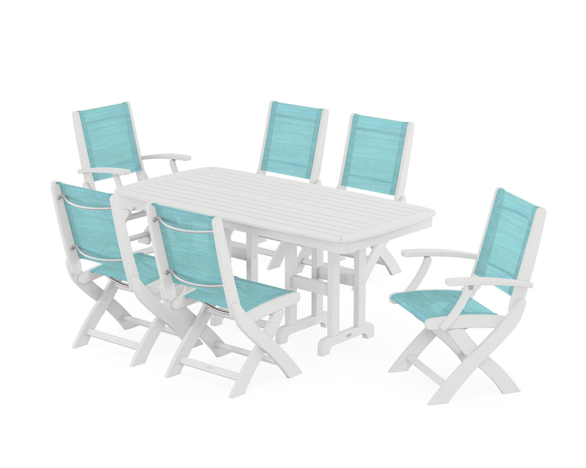 POLYWOOD Coastal Folding Chair 7-Piece Dining Set in White / Dupioni Aquamarine