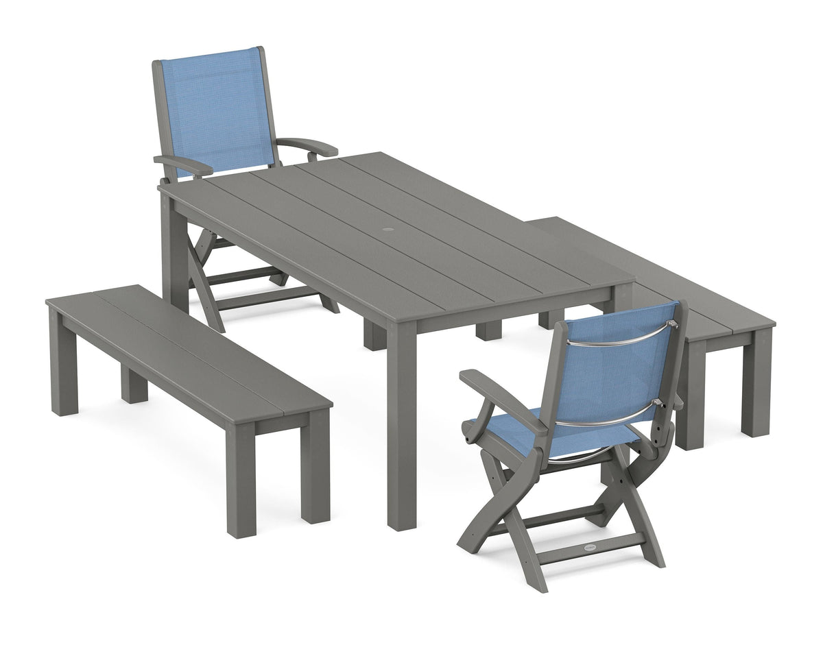 POLYWOOD Coastal Folding Chair 5-Piece Parsons Dining Set with Benches in Slate Grey / Poolside