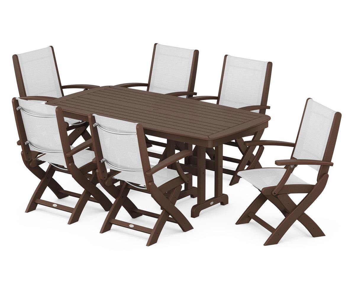POLYWOOD Coastal Folding Arm Chair 7-Piece Dining Set in Mahogany / White