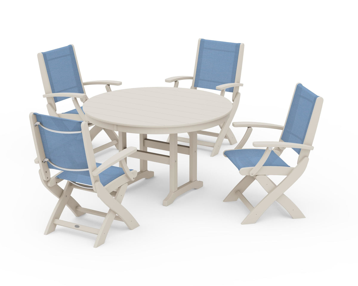 POLYWOOD Coastal Folding Chair 5-Piece Round Dining Set in Sand / Poolside