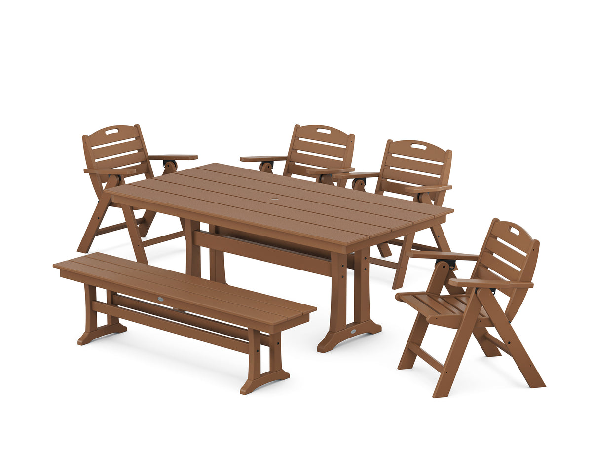 POLYWOOD Nautical Lowback 6-Piece Farmhouse Dining Set with Trestle Legs and Bench in Teak