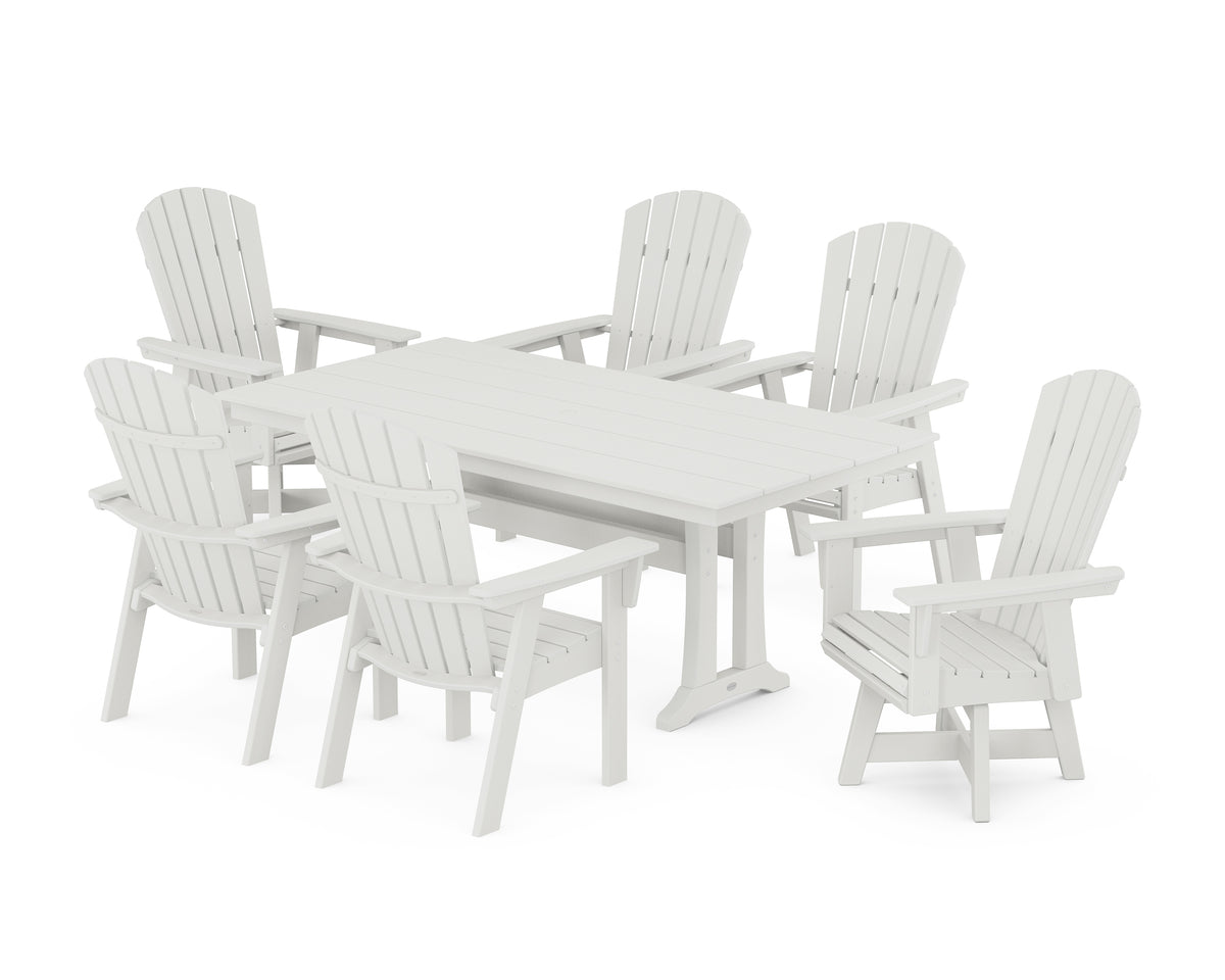 POLYWOOD Nautical Curveback Adirondack Swivel Chair 7-Piece Farmhouse Dining Set with Trestle Legs in Vintage White