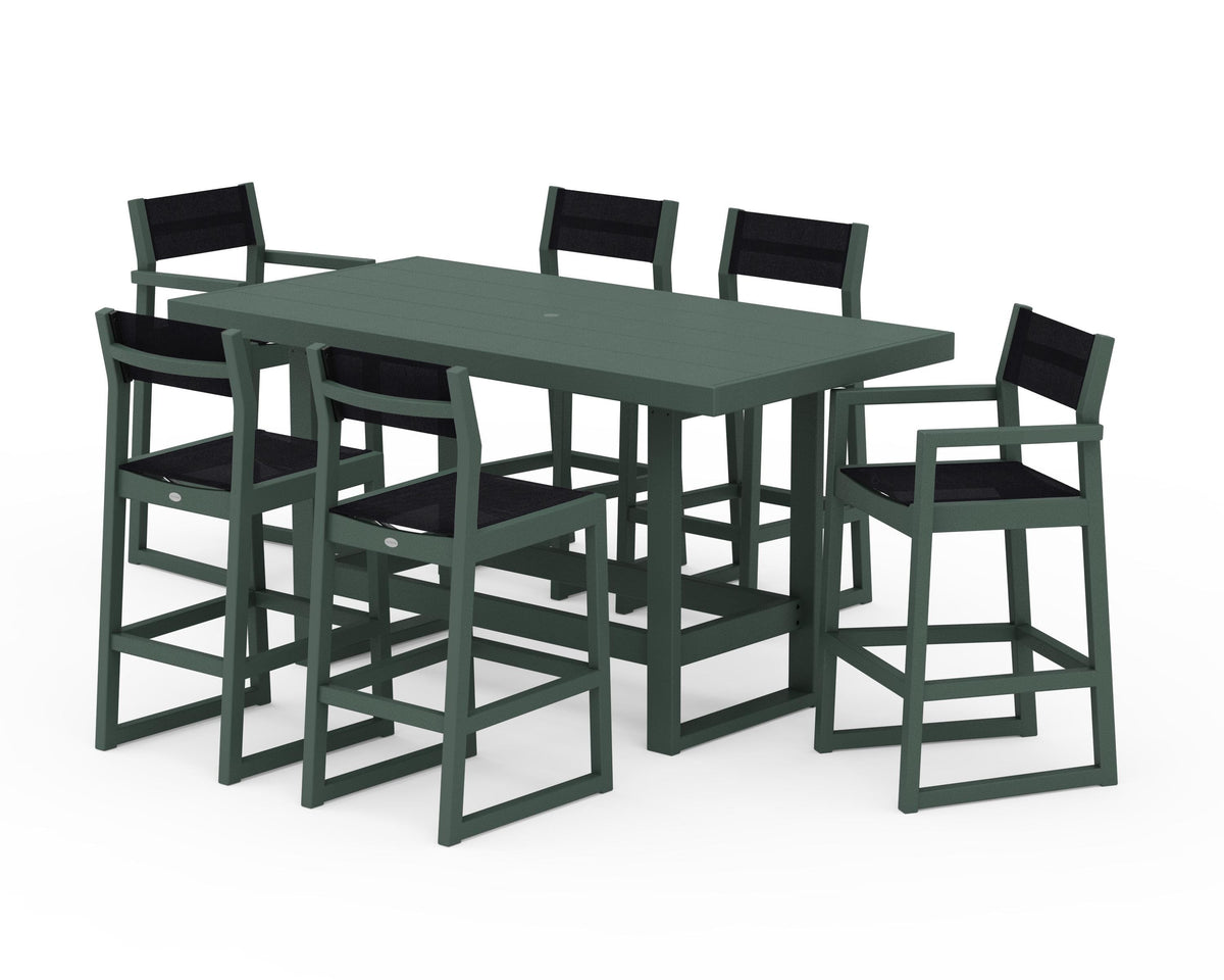 POLYWOOD EDGE Sling 7-Piece Bar Table Set in Green / Black