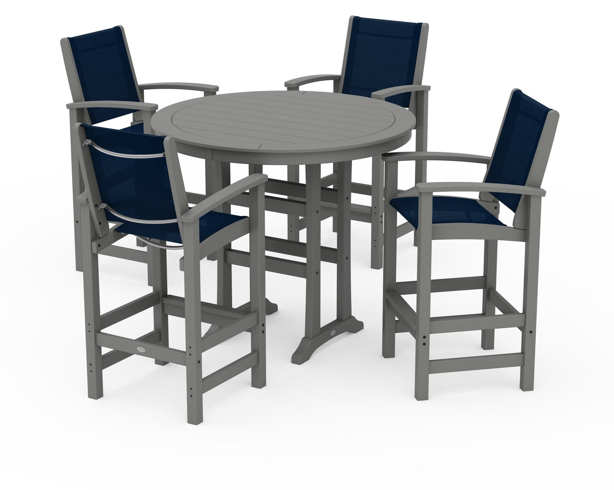 POLYWOOD Coastal 5-Piece Nautical Trestle Bar Set in Slate Grey / Navy Blue