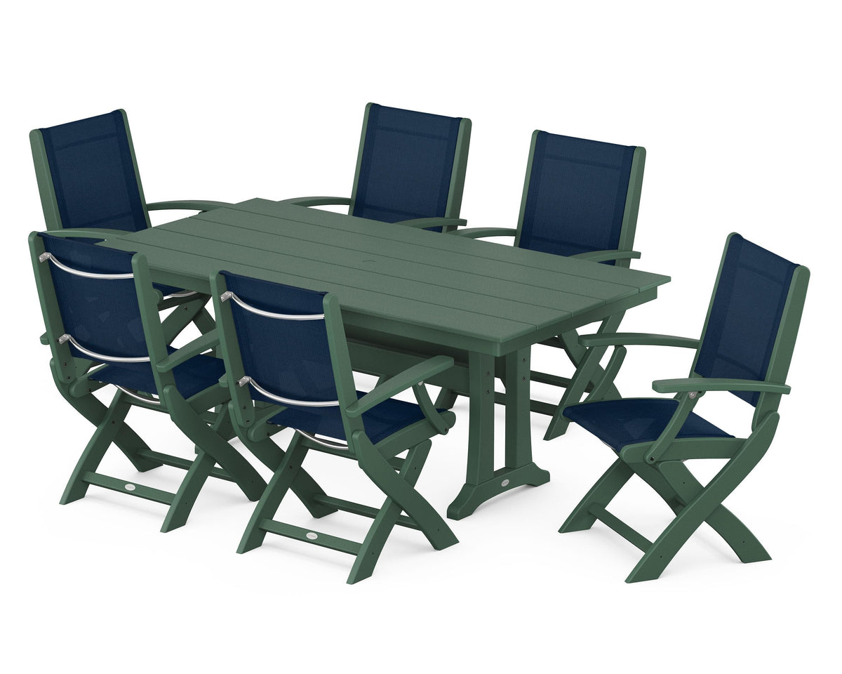 POLYWOOD Coastal Folding Arm Chair 7-Piece Farmhouse Dining Set with Trestle Legs in Green / Navy Blue