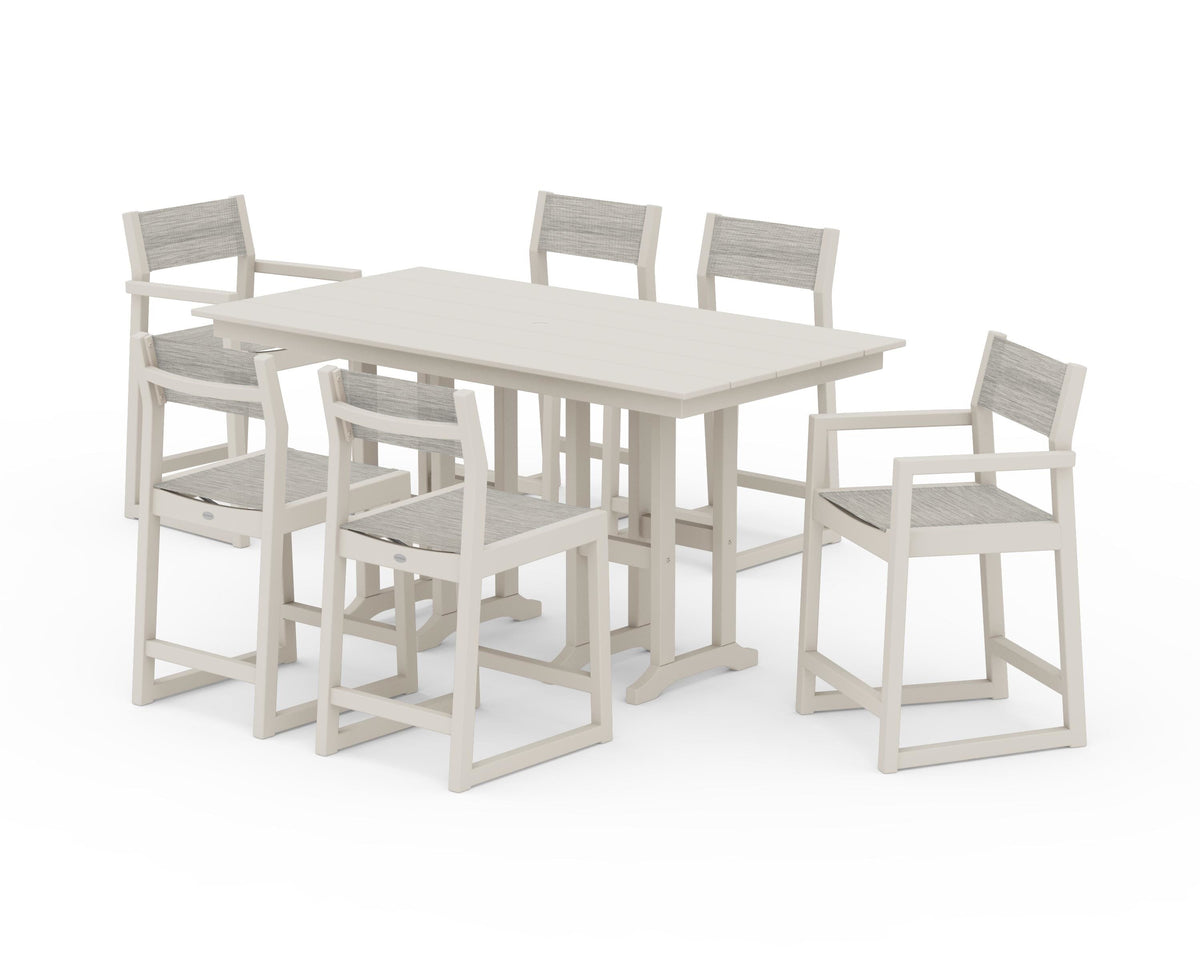 POLYWOOD EDGE Sling 7-Piece Farmhouse Counter Set with Trestle Legs in Sand / Birch