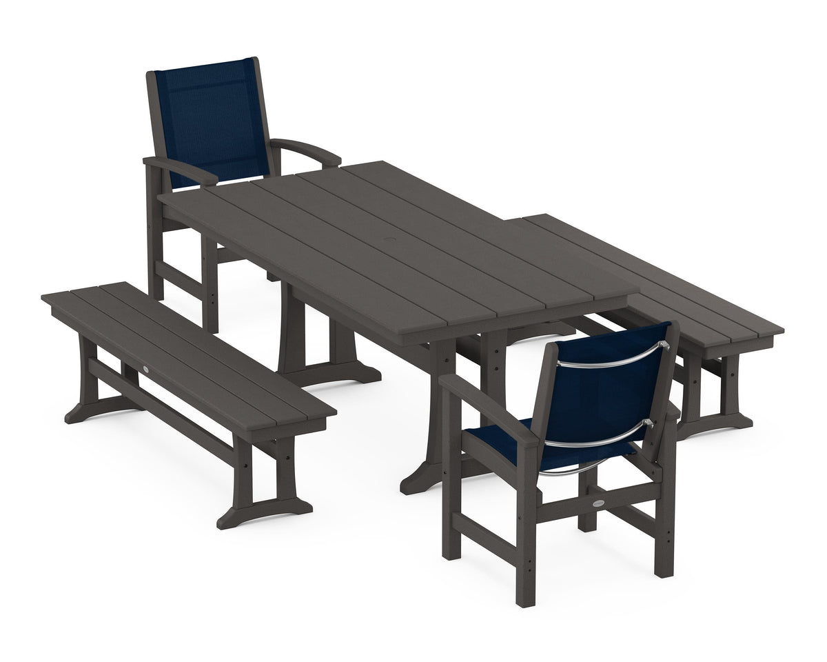POLYWOOD Coastal 5-Piece Farmhouse Dining Set with Trestle Legs and Benches in Vintage Coffee / Navy Blue