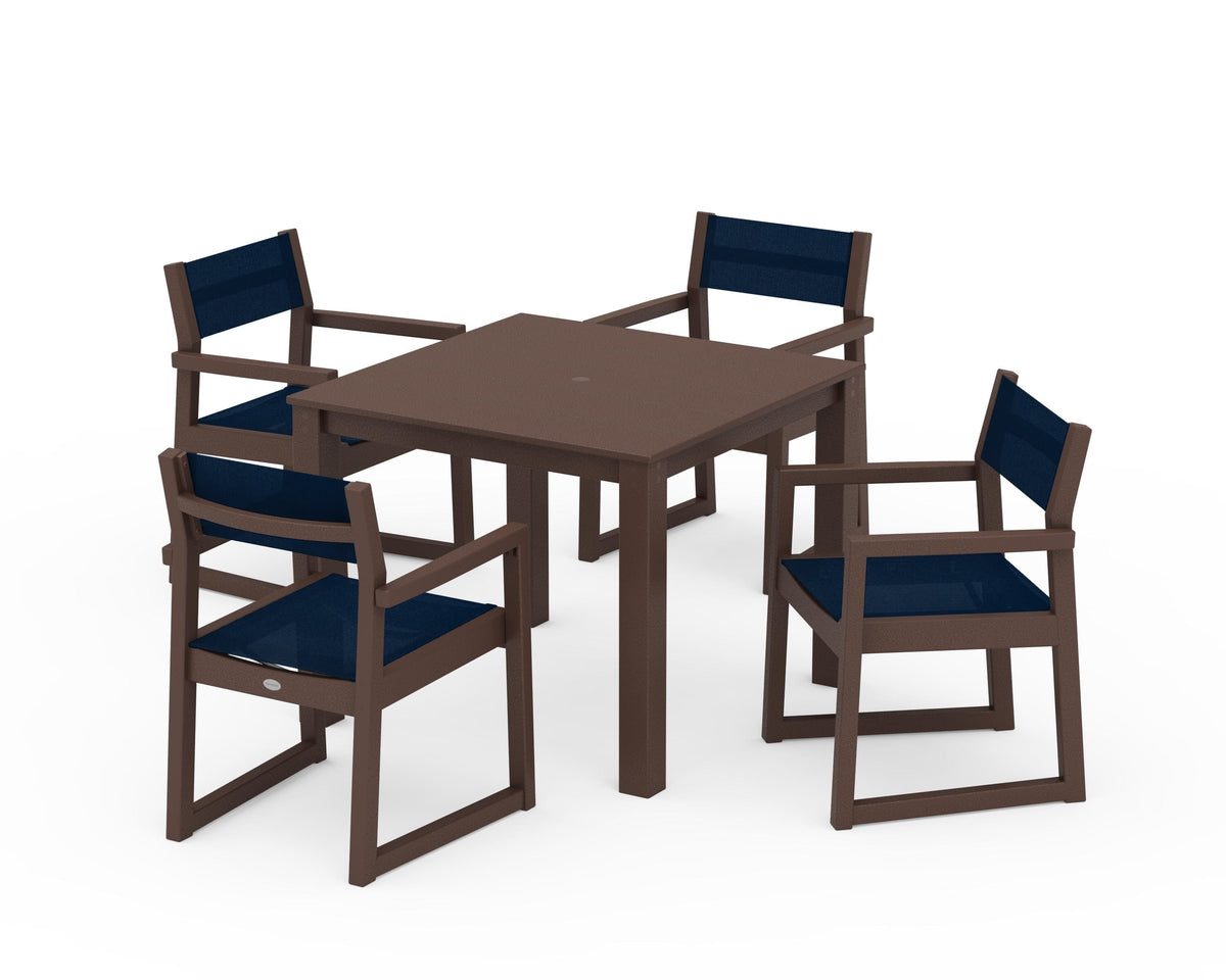 POLYWOOD EDGE Sling Arm Chair 5-Piece Parsons Dining Set in Mahogany / Navy Blue