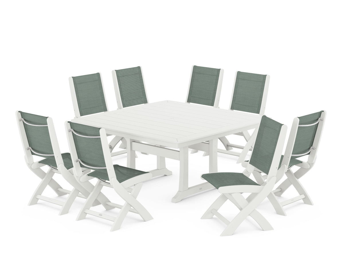 POLYWOOD Coastal Folding Side Chair 9-Piece Dining Set with Trestle Legs in Vintage White / Dupioni Sea Mist