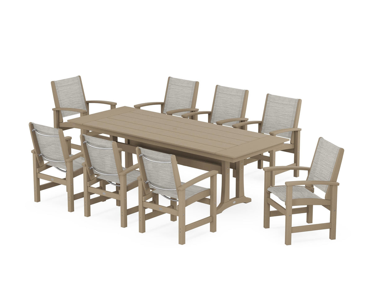 POLYWOOD Coastal 9-Piece Farmhouse Dining Set with Trestle Legs in Vintage Sahara / Birch