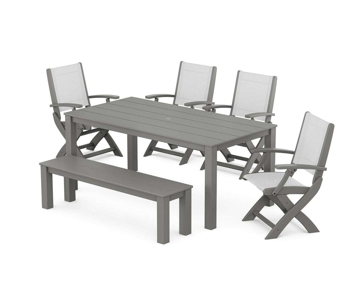 POLYWOOD Coastal Folding Chair 6-Piece Parsons Dining Set with Bench in Slate Grey / White
