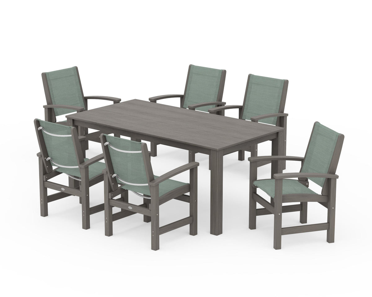 POLYWOOD Coastal 7-Piece Parsons Dining Set in Driftwood / Dupioni Sea Mist
