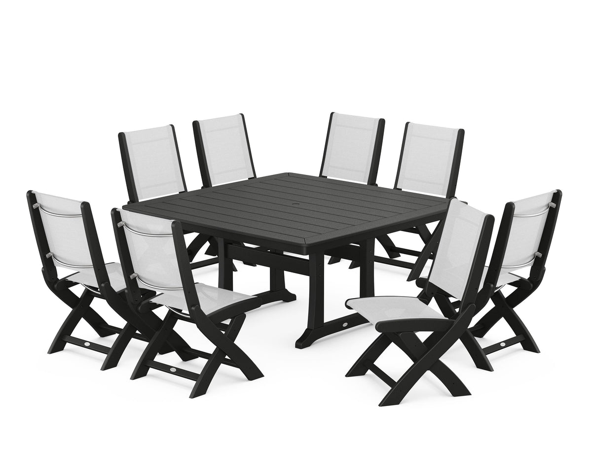 POLYWOOD Coastal Folding Side Chair 9-Piece Dining Set with Trestle Legs in Black / White
