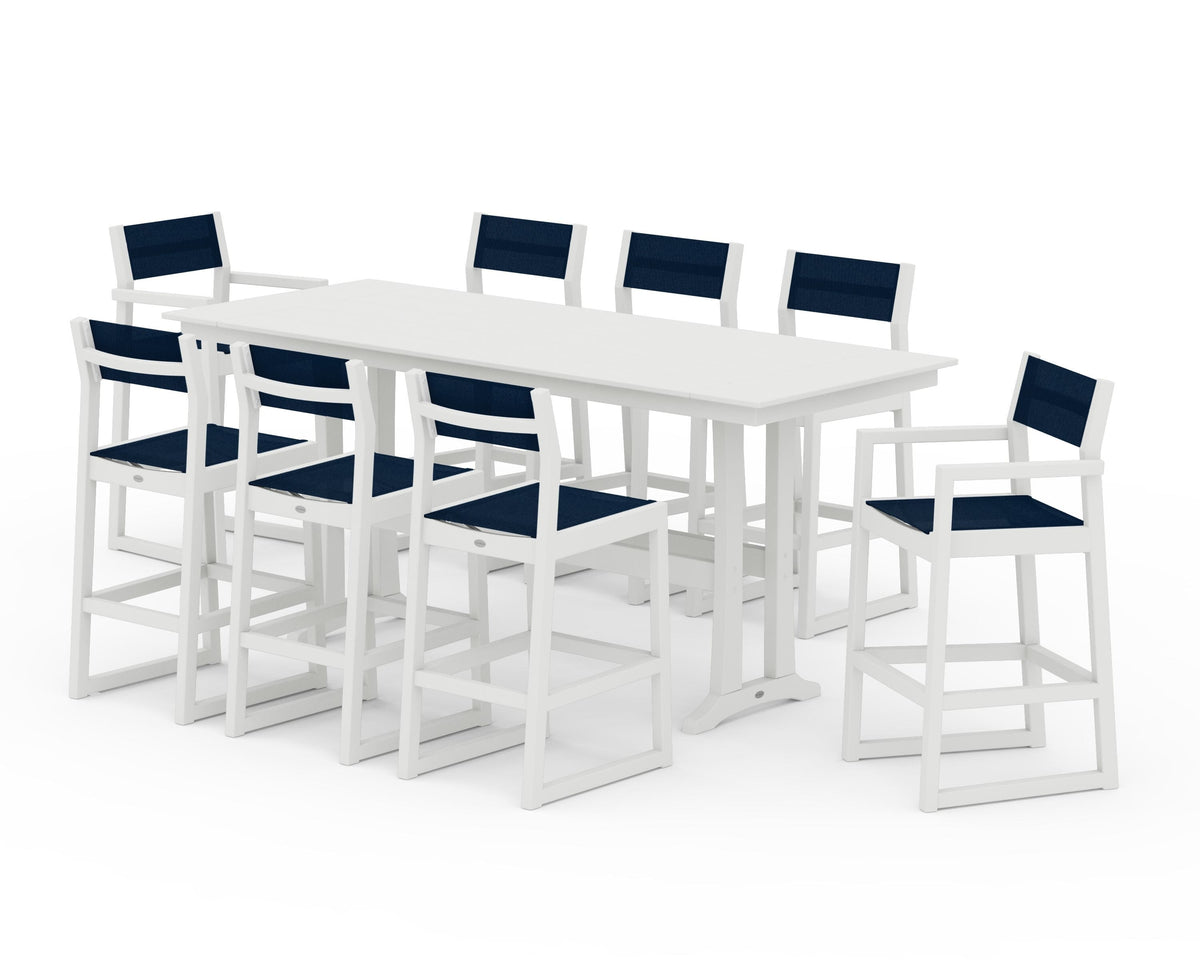 POLYWOOD EDGE Sling 9-Piece Farmhouse Bar Set with Trestle Legs in Vintage White / Navy Blue