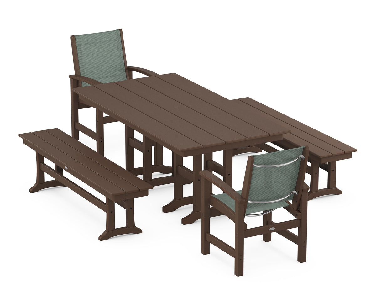 POLYWOOD Coastal 5-Piece Farmhouse Dining Set with Farmhouse 37" x 72" Dining Table in Mahogany / Dupioni Sea Mist