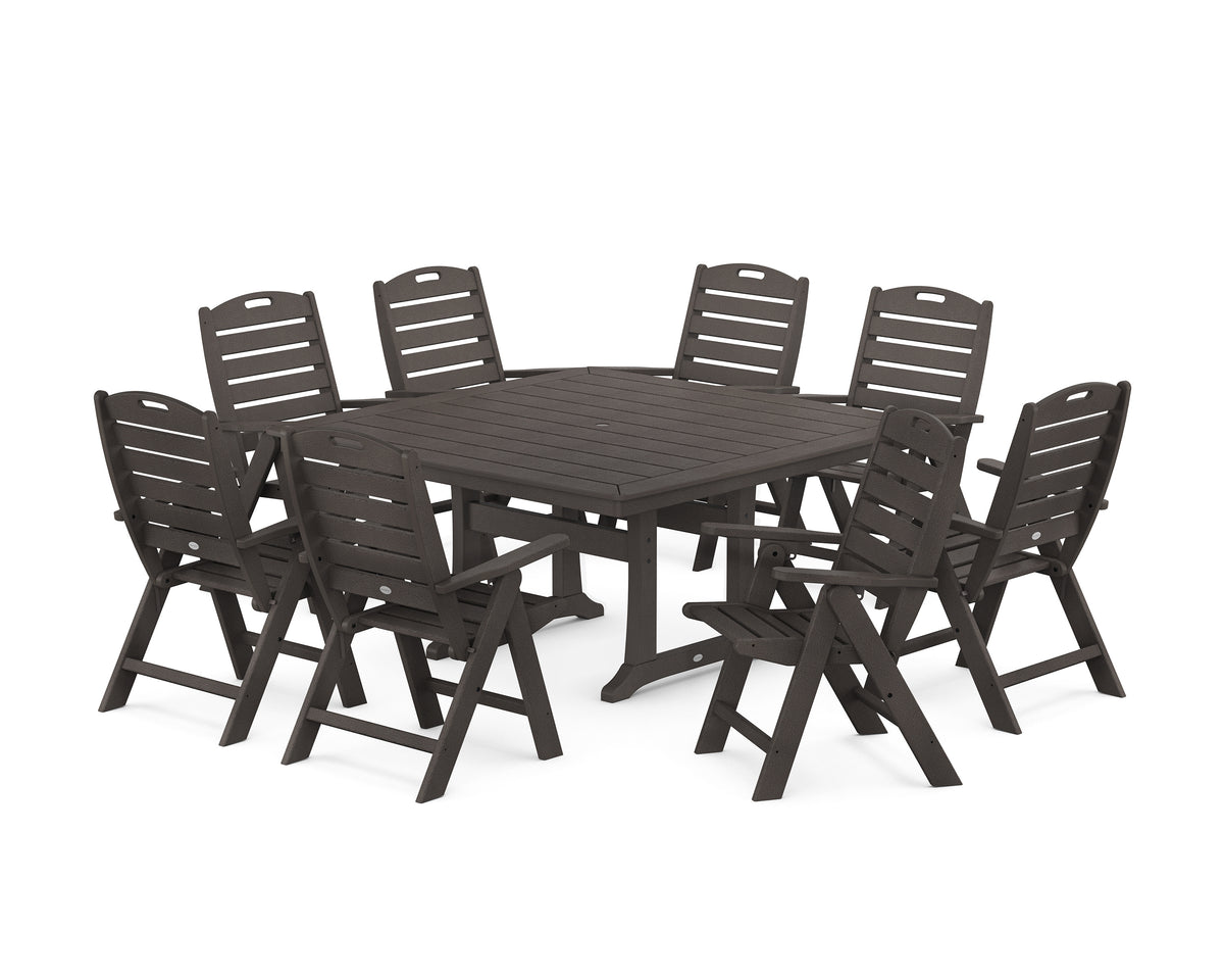 POLYWOOD Nautical Highback 9-Piece Square Dining Set with Trestle Legs in Vintage Coffee