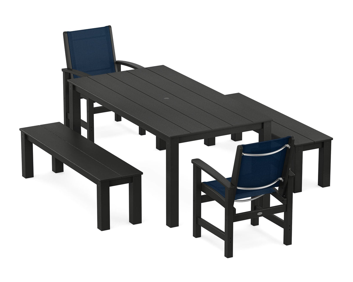 POLYWOOD Coastal 5-Piece Parsons Dining Set with Benches in Black / Navy Blue