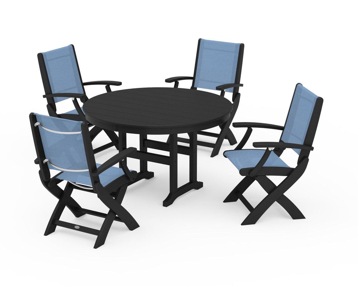 POLYWOOD Coastal Folding Chair 5-Piece Round Dining Set in Black / Poolside