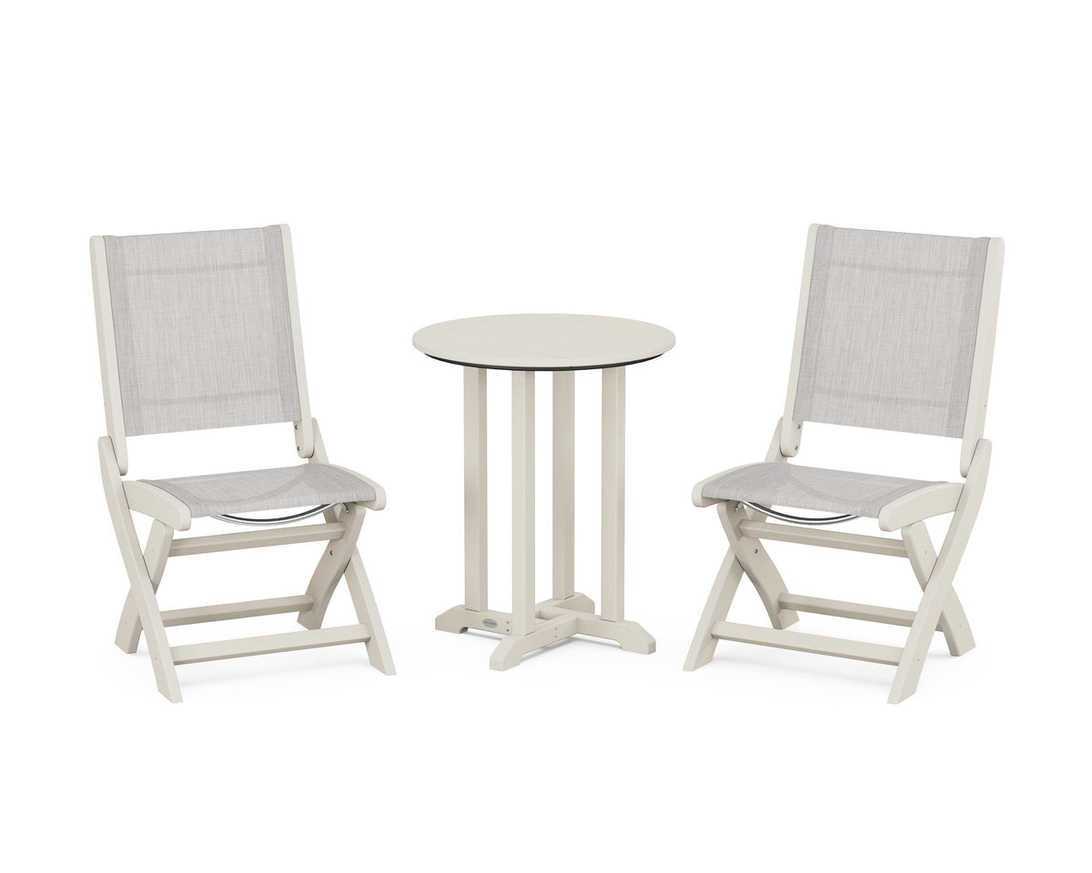 POLYWOOD Coastal Folding Side Chair 3-Piece Round Bistro Dining Set in Sand / Parchment