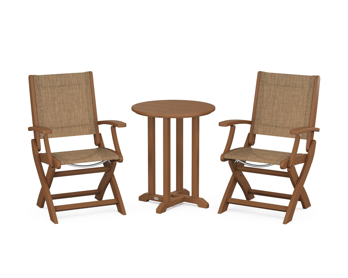 POLYWOOD Coastal Folding 3-Piece Round Bistro Dining Set in Teak / Burlap