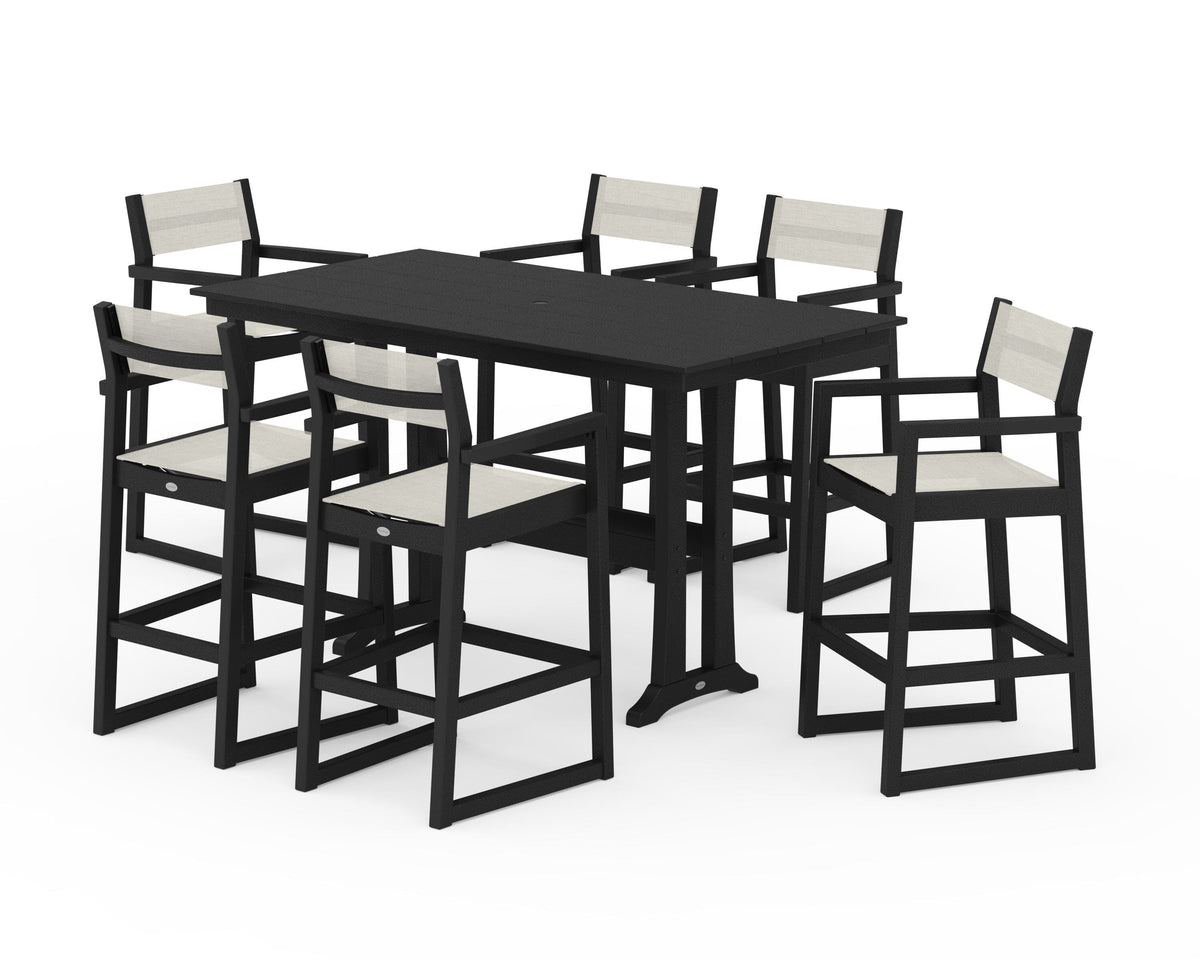 POLYWOOD EDGE Sling Arm Chair 7-Piece Farmhouse Bar Set with Trestle Legs in Black / Parchment