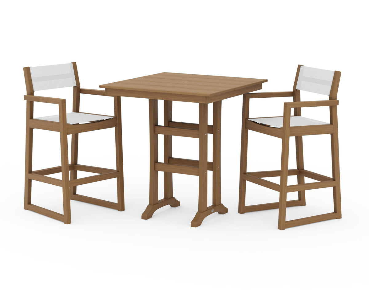 POLYWOOD EDGE Sling Arm Chair 3-Piece Farmhouse Bar Set with Trestle Legs in Natural / White