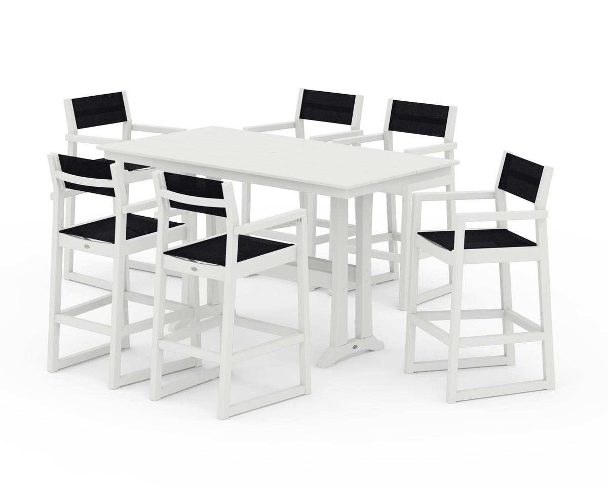 POLYWOOD EDGE Sling Arm Chair 7-Piece Farmhouse Bar Set with Trestle Legs in Vintage White / Black