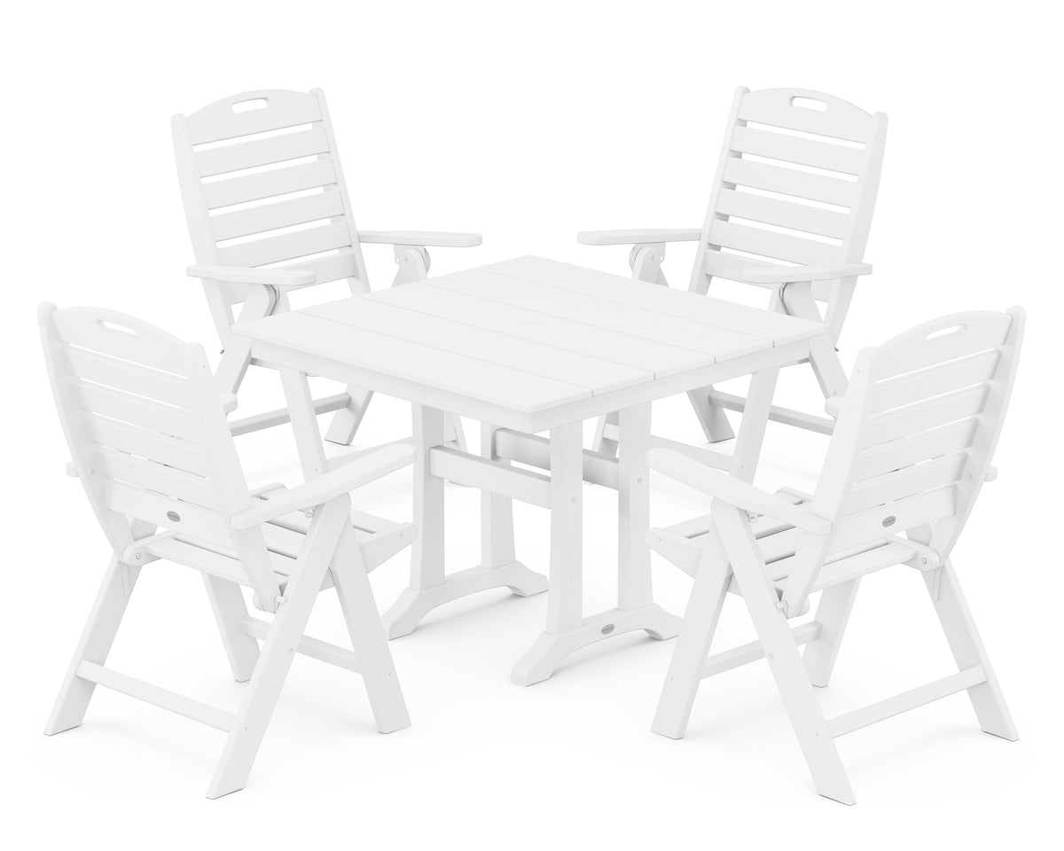 POLYWOOD Nautical Folding Highback Chair 5-Piece Farmhouse Trestle Dining Set in White