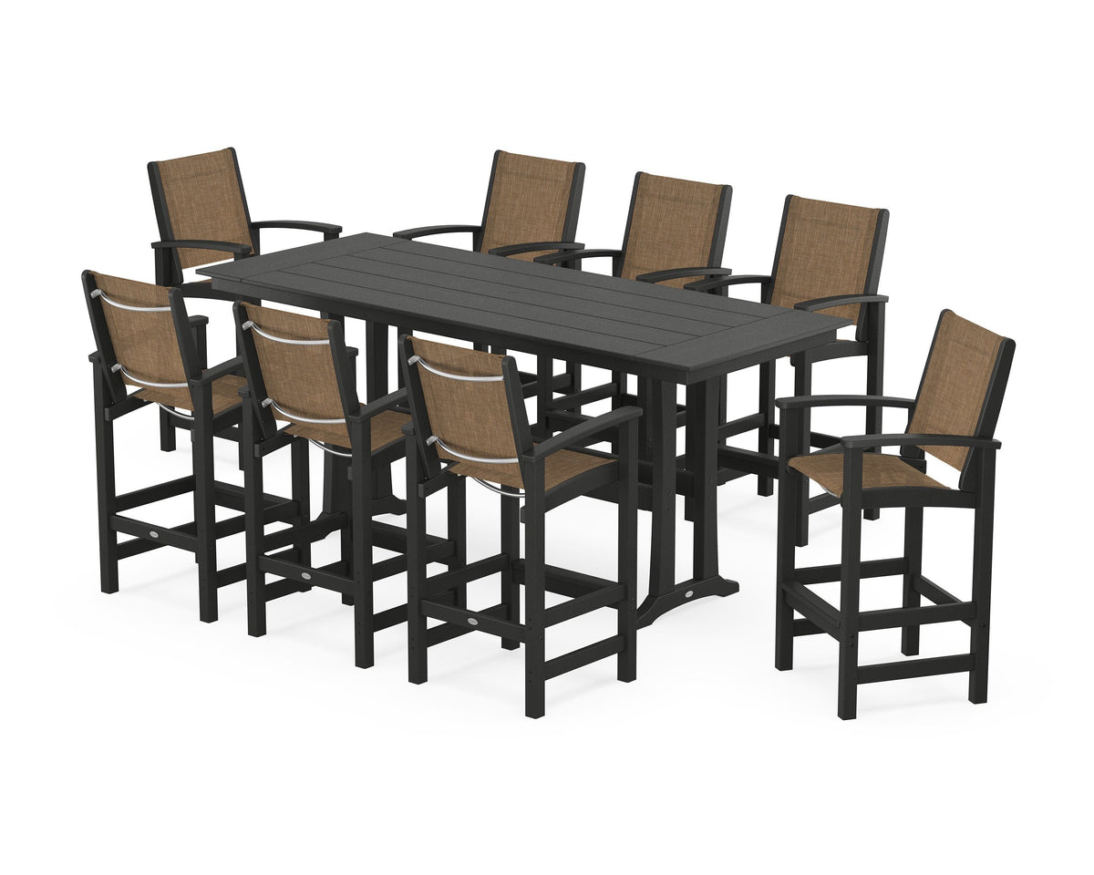 POLYWOOD Coastal 9-Piece Farmhouse Bar Set with Trestle Legs in Black / Burlap