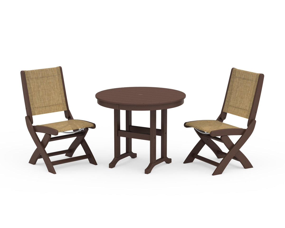 POLYWOOD Coastal Folding Side Chair 3-Piece Round Dining Set in Mahogany / Burlap