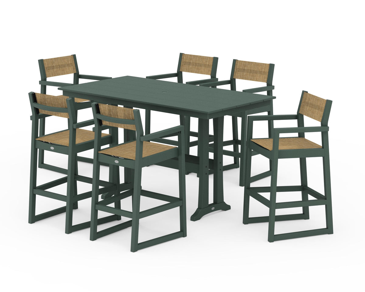 POLYWOOD EDGE Sling Arm Chair 7-Piece Farmhouse Bar Set with Trestle Legs in Green / Burlap