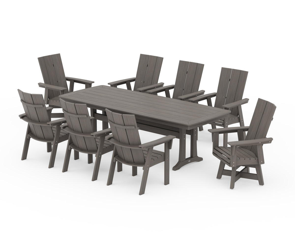 POLYWOOD Modern Curveback Adirondack Swivel 9-Piece Dining Set with Trestle Legs in Driftwood