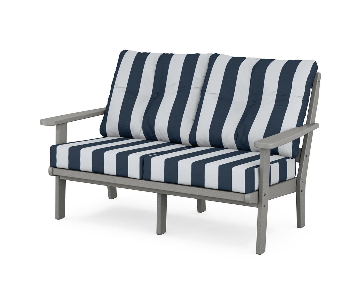 POLYWOOD Mission Deep Seating Loveseat in Slate Grey / Cabana Stripe Marine Indigo
