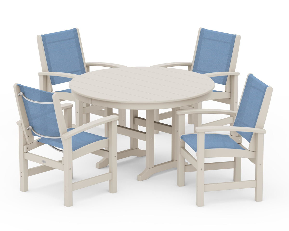 POLYWOOD Coastal 5-Piece Round Farmhouse Dining Set in Sand / Poolside