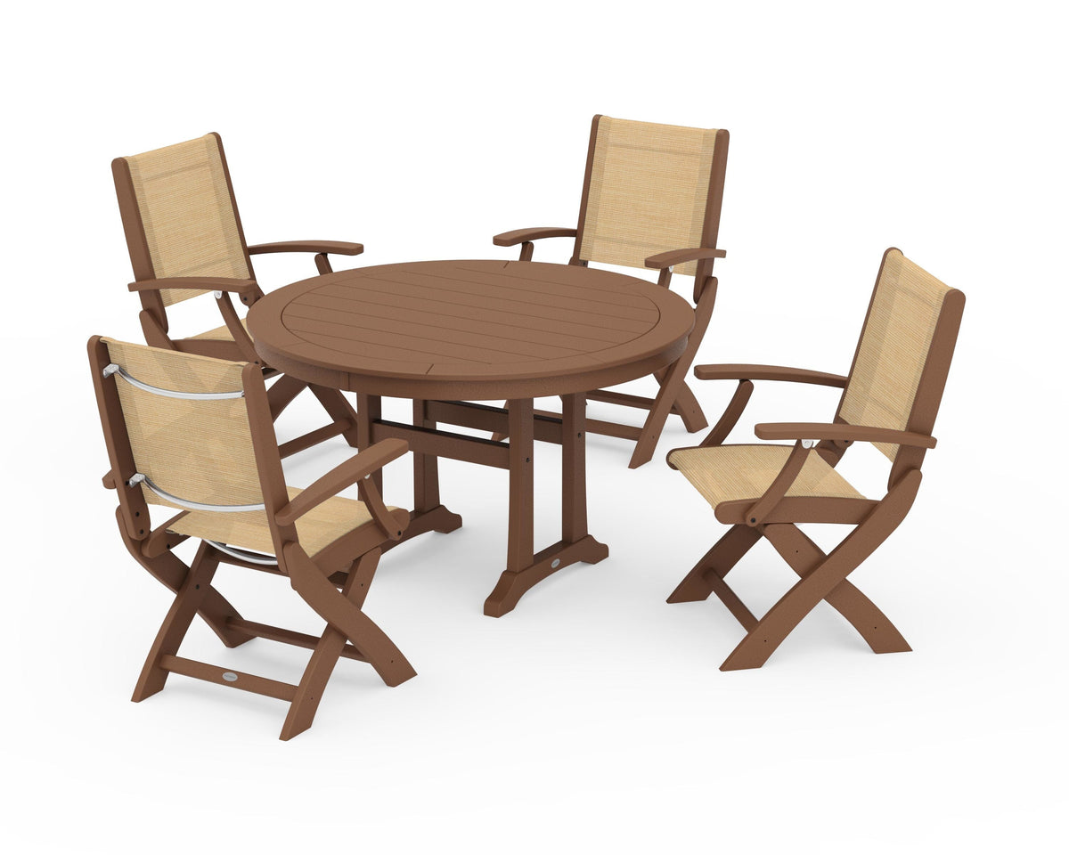 POLYWOOD Coastal Folding Chair 5-Piece Round Dining Set with Trestle Legs in Teak / Dupioni Apricot
