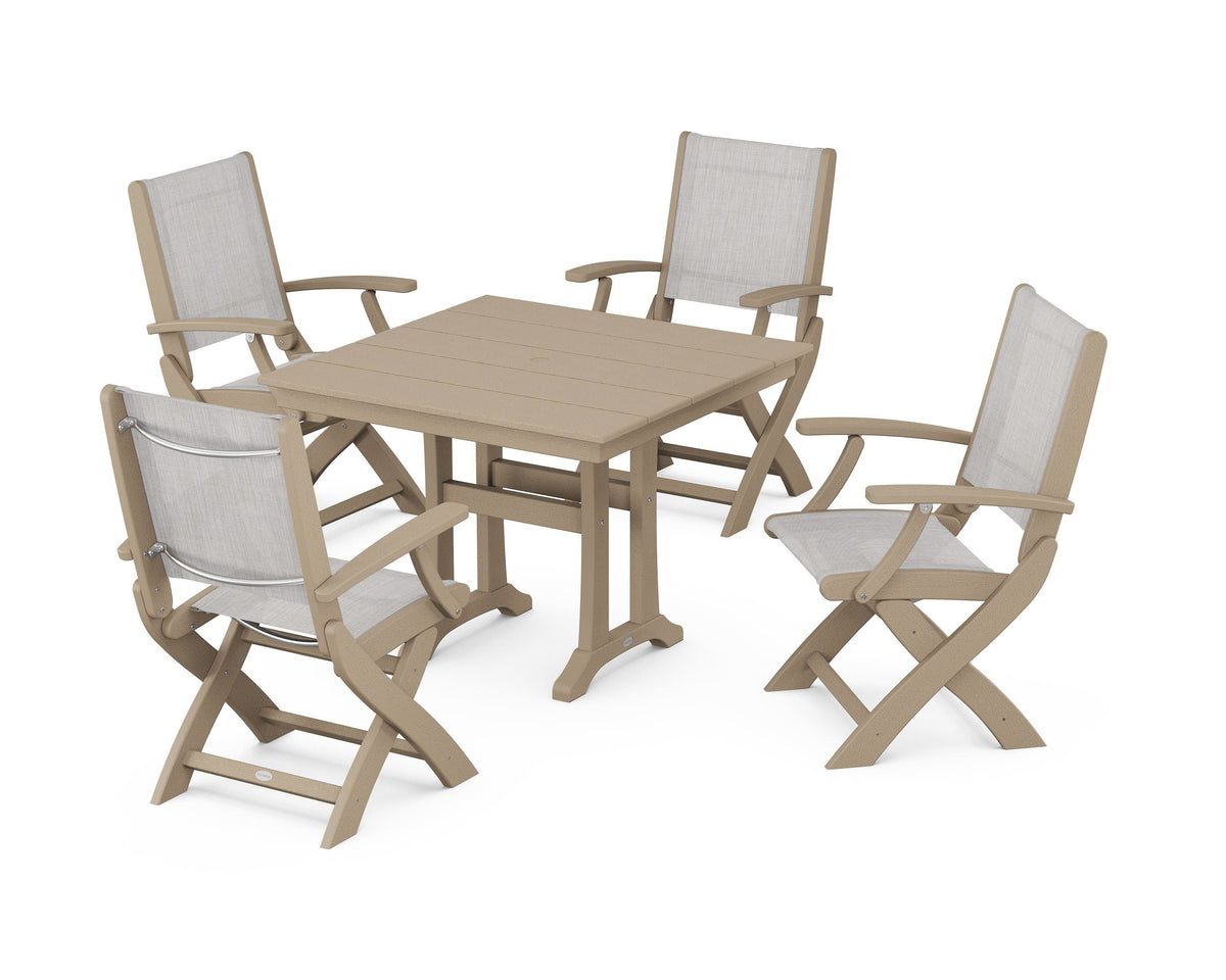 POLYWOOD Coastal Folding Chair 5-Piece Farmhouse Dining Set With Trestle Legs in Vintage Sahara / Parchment
