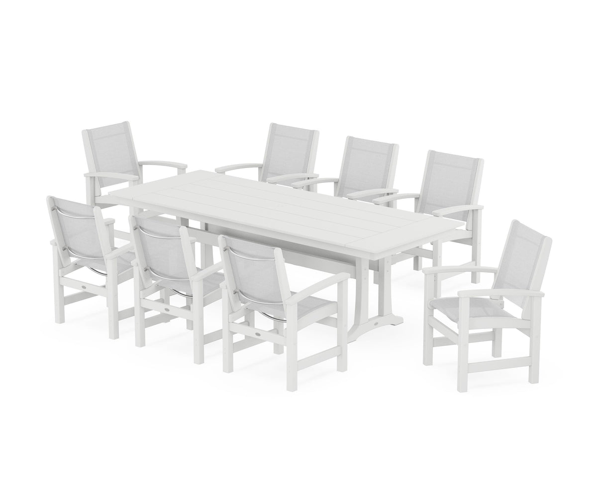 POLYWOOD Coastal 9-Piece Farmhouse Dining Set with Trestle Legs in White / White