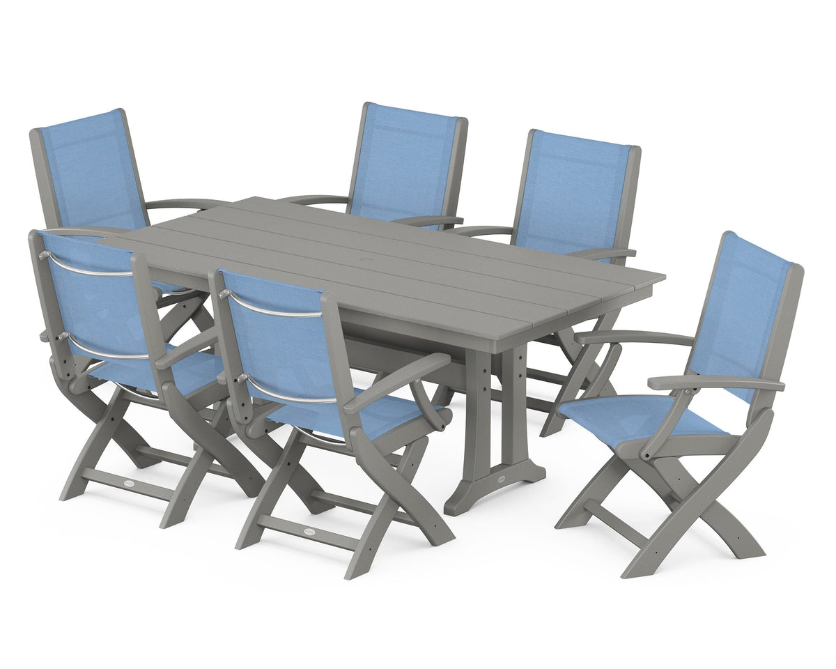 POLYWOOD Coastal Folding Arm Chair 7-Piece Farmhouse Dining Set with Trestle Legs in Slate Grey / Poolside