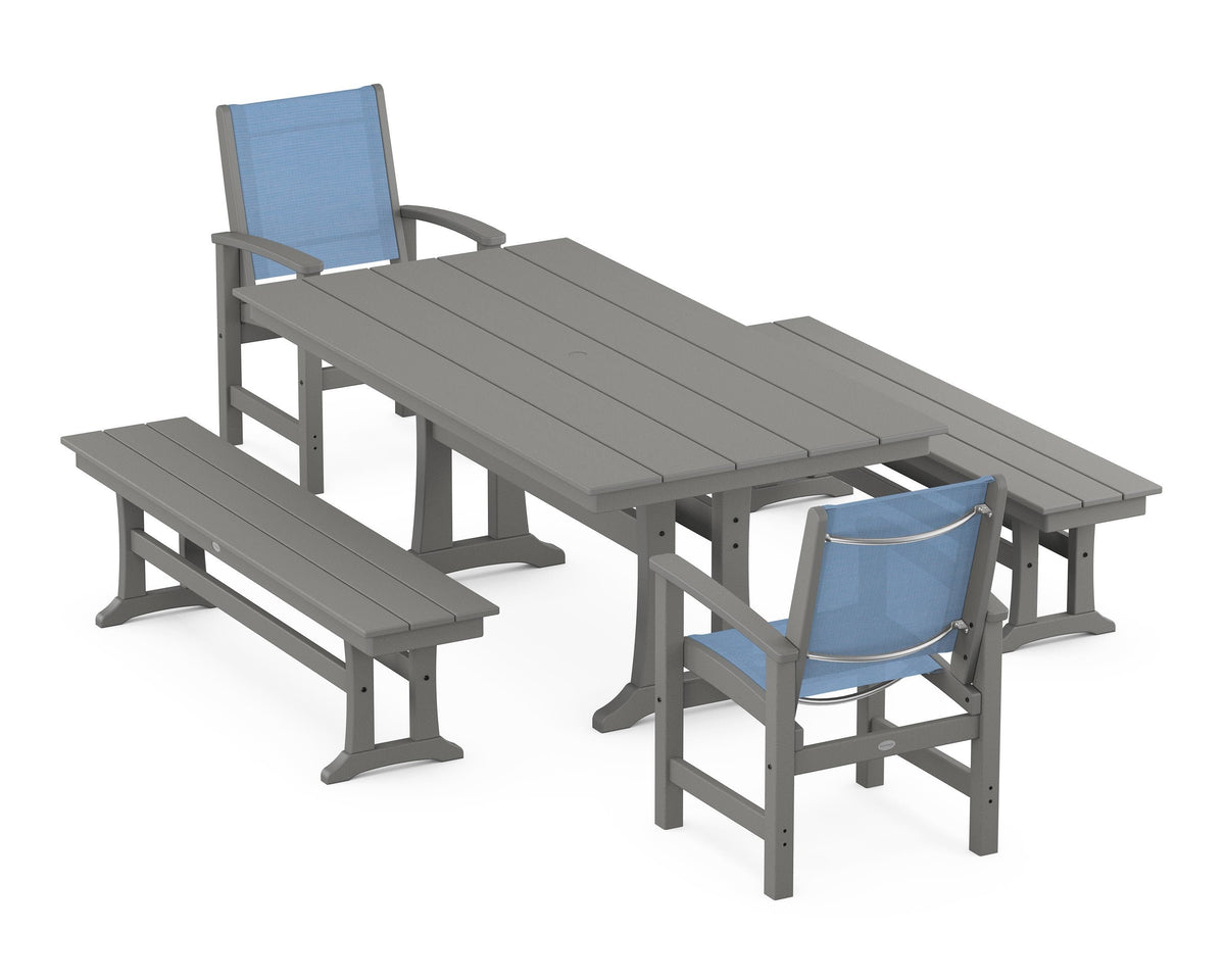 POLYWOOD Coastal 5-Piece Farmhouse Dining Set with Trestle Legs and Benches in Slate Grey / Poolside