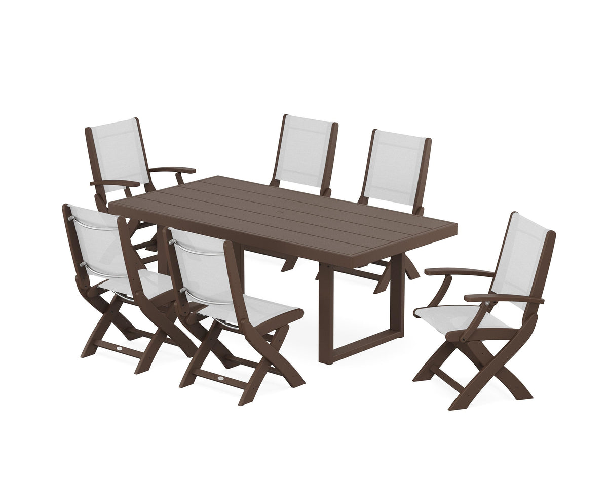 POLYWOOD Coastal Folding Chair 7-Piece Dining Set with Trestle Legs with EDGE 40" x 78" Dining Table in Mahogany / White
