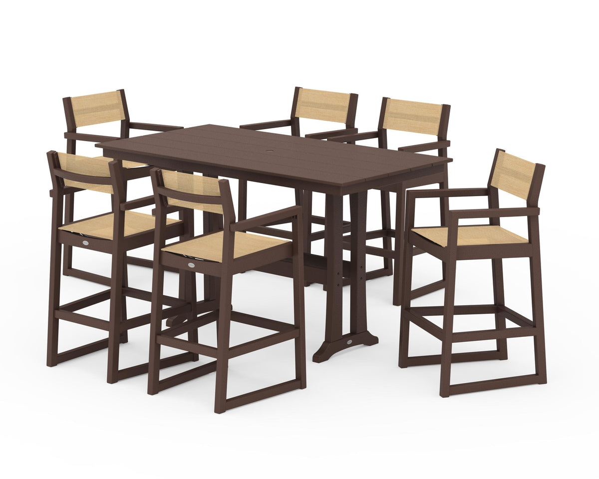 POLYWOOD EDGE Sling Arm Chair 7-Piece Farmhouse Bar Set with Trestle Legs in Mahogany / Dupioni Apricot